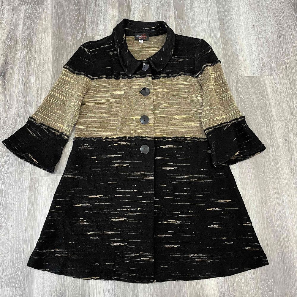 Andria Lieu Womens Long Jacket SZ M Black Tan 3/4 Sleeve Stretch Made in USA